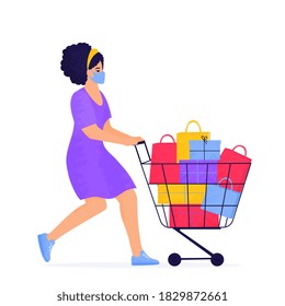 Black Friday Sale banner. Girl in a protective face mask is shopping with trolley full of purchases and gifts