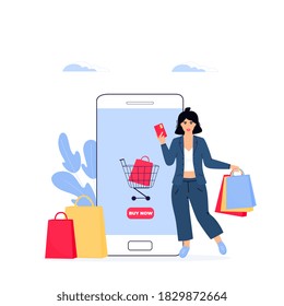 Black Friday Sale banner. Girl makes a purchase online from a smartphone. Woman holds credit card and shopping bags