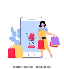 Black Friday Sale banner. Girl makes a purchase online from a smartphone. Woman in a protective face mask holds shopping bags