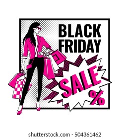 Black Friday sale banner. Girl with shopping bags. Comic bubbles and halftone shadows. Vector illustration.