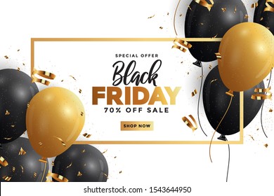 Pancarta de venta del Black Friday con brillantes globos. Plantilla de medios sociales para desarrollo de sitios web y sitios web móviles, diseño de correo electrónico y boletín, material de marketing. Ilustración vectorial