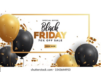 Black Friday sale banner with glossy Balloons. Social media template for website and mobile website development, email and newsletter design, marketing material. Vector Illustration