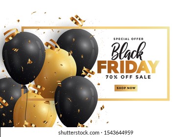 Black Friday sale banner with glossy Balloons. Social media template for website and mobile website development, email and newsletter design, marketing material. Vector Illustration