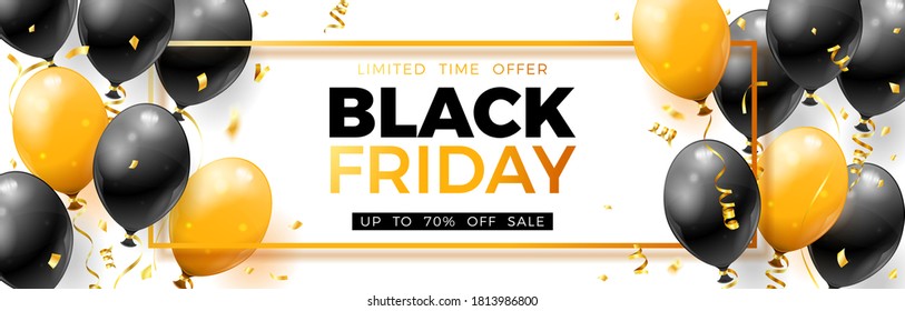 Black Friday Sale banner with glossy gold and black balloons, confetti and frame. Design for blackfriday sale. Realistic vector illustration on white background