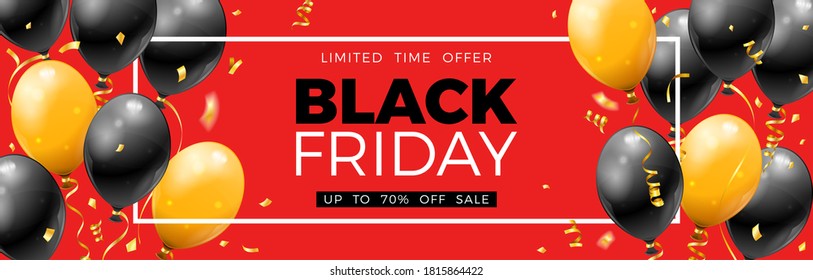 Black Friday Sale Banner mit glänzenden Ballons, Konfetti und Rahmen. Design für den Blackfriday Verkauf. Realistische Vektorgrafik