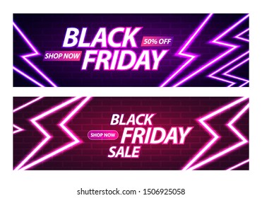 Black Friday Sale Banner. Glowing Neon Thunderbolts on Brick Wall Background. Vector Advertising Illustration.