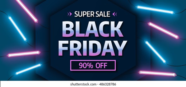 Black friday sale banner. Glowing neon background. Vector illustration