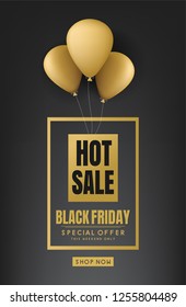 black friday sale banner, gold frame and balloons decoration, vector design