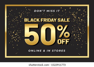 Black friday sale banner with gold color on dark background . Social media banner template, voucher, discount, season sale