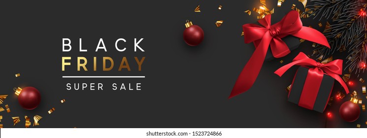 Black Friday Sale banner, gold text. Background sparkling lights garland with gifts box and golden tinsel, gold confetti xmas bauble. Horizontal posters, cards, brochure, cover, headers, website.