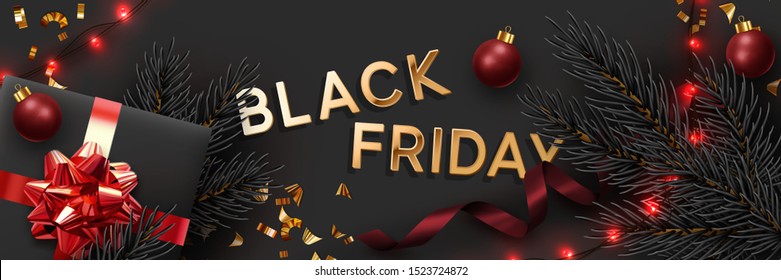 Black Friday Sale banner, gold text. Background sparkling lights garland with gifts box and golden tinsel, gold confetti xmas bauble. Horizontal posters, cards, brochure, cover, headers, website.