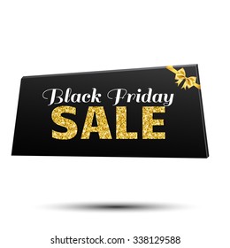 Black Friday Sale Banner with gold text and bow . Vector illustration