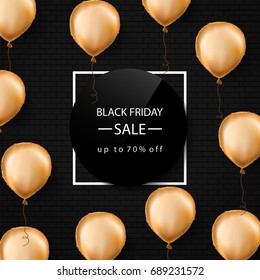 Black friday sale banner. Gold foil balloons. White border. Vector illustration. Black Background.
