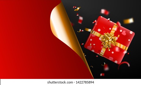 Black Friday sale banner. Golden curled paper corner and place for inscription. Gift box, blurry red and yellow pieces of serpentine on dark background. Vector illustration for posters, flyers, cards