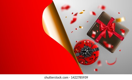 Black Friday sale banner. Golden curled paper corner and place for inscription. Gift box, blurry red and yellow pieces of serpentine on white background. Vector illustration for posters, flyers, cards