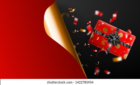 Black Friday sale banner. Golden curled paper corner and place for inscription. Gift box, blurry red and yellow pieces of serpentine on dark background. Vector illustration for posters, flyers, cards