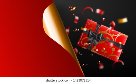 Black Friday sale banner. Golden curled paper corner and place for inscription. Gift box, blurry red and yellow pieces of serpentine on dark background. Vector illustration for posters, flyers, cards