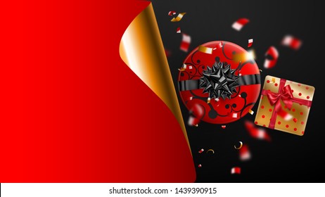 Black Friday sale banner. Golden curled paper corner and place for inscription. Gift box, blurry red and yellow pieces of serpentine on dark background. Vector illustration for posters, flyers, cards