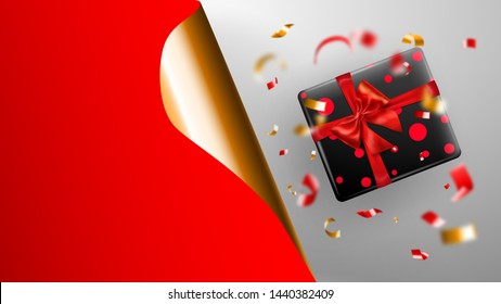 Black Friday sale banner. Golden curled paper corner and place for inscription. Gift box, blurry red and yellow pieces of serpentine on white background. Vector illustration for posters, flyers, cards