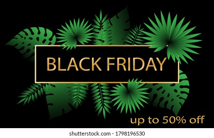 Black Friday sale banner with golden letters on dark background and tropical leaves. Social media template for website and mobile website development, email and newsletter design, marketing material