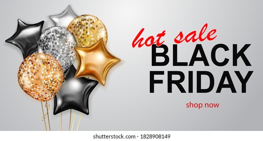 Black Friday sale banner with golden and silver balloons on white background. Vector illustration for posters, flyers or cards.