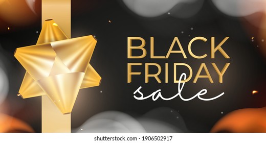 Black Friday sale banner. Golden bow or bow. Black and gold, lettering. Realistic frame made of fire and smoke. Vector illustration.