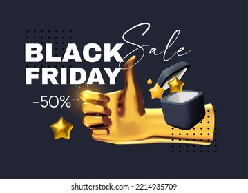 Black friday sale banner with golden hand. Yes gesture and gift box.
