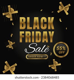 Black Friday Sale In Black Banner And Golden Design With Discount Up to 55% off. Limited Time Only. Vector illustration. Special Sale. Shop Now.