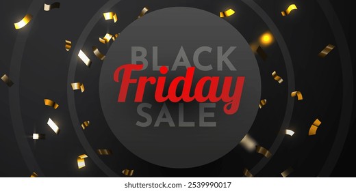 Anuncio de rebajas Black Friday con confeti dorado. Ilustración vectorial