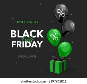 Black Friday Sale banner with black and green balloons and gift box. Special offer background in flat design