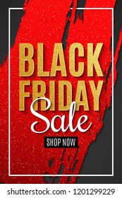 Black Friday Sale Banner. Grunge brush with glitters in white frame. Dark background. Flyer for your design. Golden text with glitters. Vector illustration. EPS 10