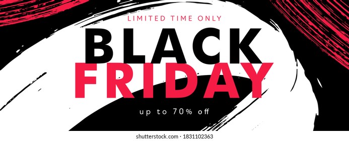 Black friday sale banner with grunge brush strokes on black background. Trendy minimal design template with modern typography for advertising, social and fashion ads. Vector illustration