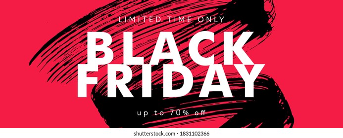 Black friday sale banner with black grunge brush strokes on red background. Trendy minimal design template with modern typography for advertising, social and fashion ads. Vector illustration