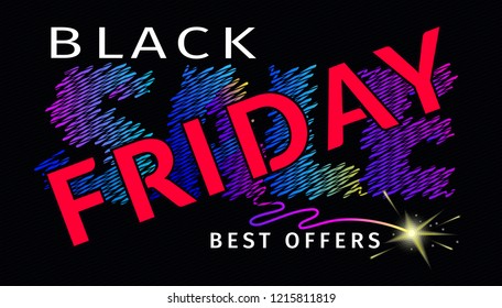 Black friday sale banner with hand drawn calligraphy. Discount special offer marketing poster. Black background with decoration colorful elements in style of embroidery. Vector illustration.