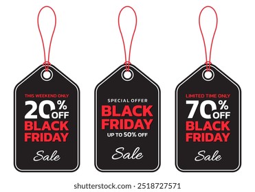 Black Friday sale banner with hanging price tag. Discount badges. 20, 50, 70 price off label design. Promo and marketing design elements. Vector illustration.