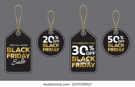 Black Friday sale banner with hanging price tag. Discount badges. 20, 30, 50 price off label design. Promo and marketing design elements. Vector illustration.