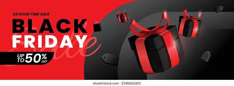 O banner de venda Black Friday tem um esquema de cores preto e vermelho arrojado com caixas de presente flutuantes envoltas em fitas vermelhas e pequenas sacolas de compras. O design enfatiza um tema festivo de compras de férias.