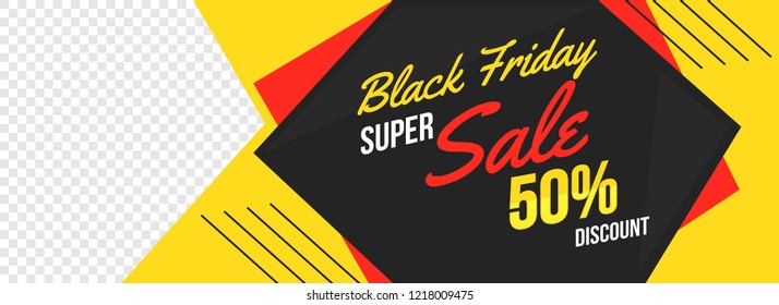 Black Friday sale banner or header design with 50% discount offer and space for your product image.