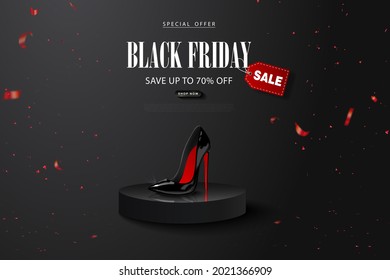 Black friday sale banner with Black high-heeled shoe and flying serpentine. Modern 3D design.Universal vector background for poster, banners, flyers, card.