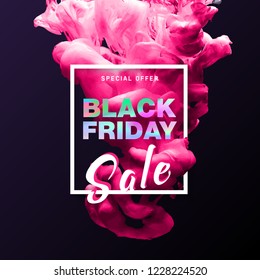 Black Friday Sale banner with holographic text on 3D cloud of ink swirling. Modern concept for poster. Shopping discount promotion. Banner for business, promotion and advertising. Vector illustration