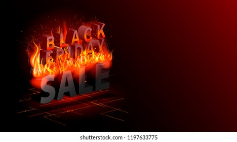 Black Friday. Sale banner. Hottest Discounts. Fire illustration. Modern isometric abstract vector. Web online landing page, shopping bargain sales concept.