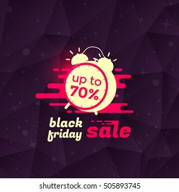 Black friday sale banner or icon design with alarm clock. Vector illustration