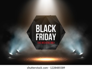 Black Friday Sale banner illuminated by
spotlights. Vector illustration.