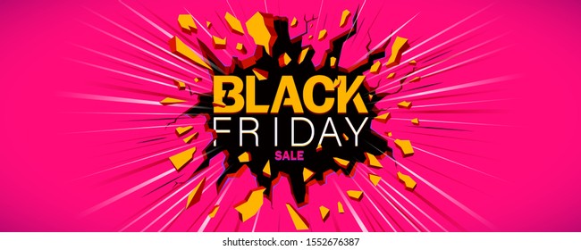 Black friday Sale banner. Inscription destroys the wall. Black crack in the pink wall and dynamic line. Horizontal Template for poster, banner, flyer, web.