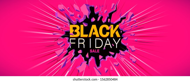 Black friday Sale banner. Inscription destroys the wall. Black crack in the pink wall and dynamic line. Horizontal Template for poster, banner, flyer, web.