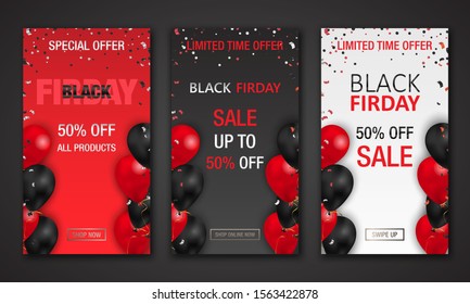 Black Friday Sale Banner instagram story template design with balloon and confetti. Set of Black Friday web banner label special offer. Use for social media post such. Vector illustration.