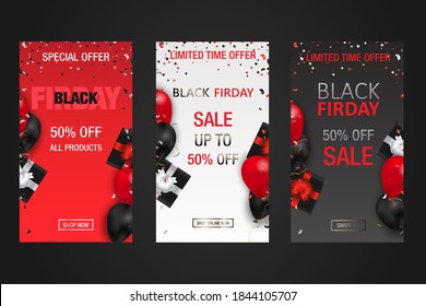 Black Friday Sale Banner Instagram Story Template Design With Balloon And Confetti. Set Of Black Friday Web Banner Label Special Offer. Use For Social Media Post. Vector Illustration.