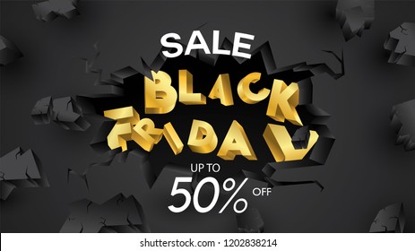 Black friday sale banner layout design background black and gold 50% discount offer. For art template design, brochure style, banner, idea, cover, print, flyer, card, ad, sign, poster, badge.