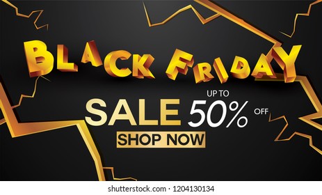 Black friday sale banner layout design background black and gold 50% discount offer. For art template design, brochure style, banner, idea, cover, print, flyer, card, ad, sign, poster, badge.