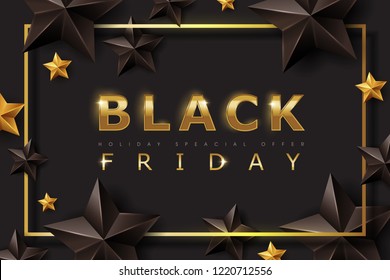 Black Friday Sale Banner Layout Design Template With Black And Gold Stars. Vector Illustration